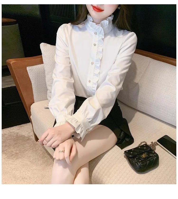 Elegant French style white women’s shirt, long sleeve top