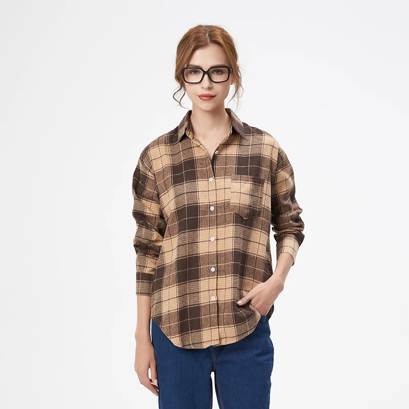 Women's plaid flannel shirt, loose fit, spring casual style