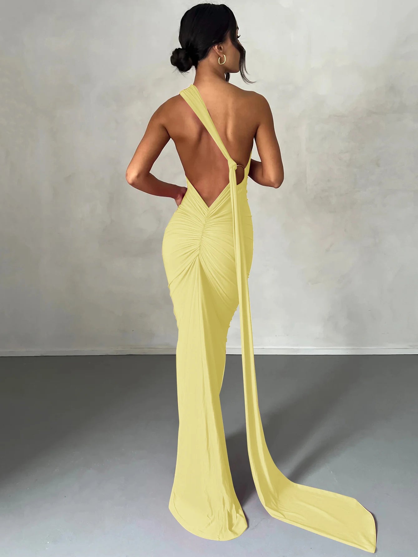 Hugcitar One Shoulder Backless Ruched Maxi Dress Women Y2K