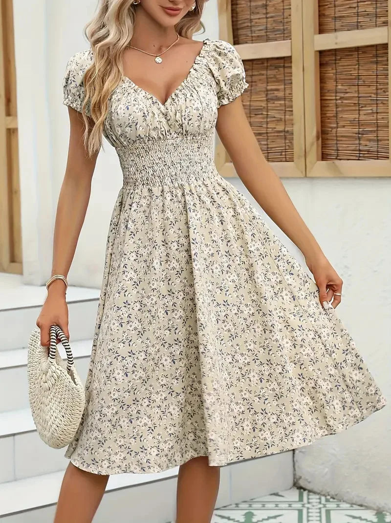 Women's Summer Floral Dress – Fluffy Cuffs & Pleated Waist