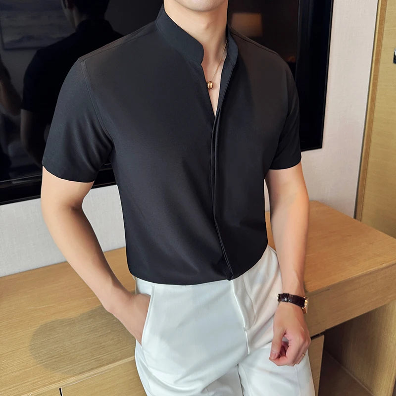 Men’s stand collar V-neck stretch shirt white fashion