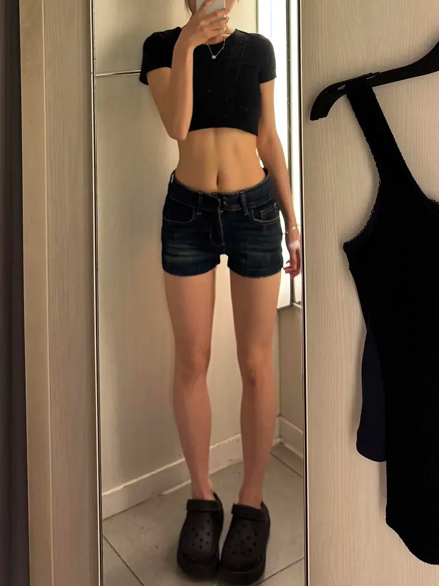 Women's Blue Distressed Denim Shorts – Low Rise Skinny