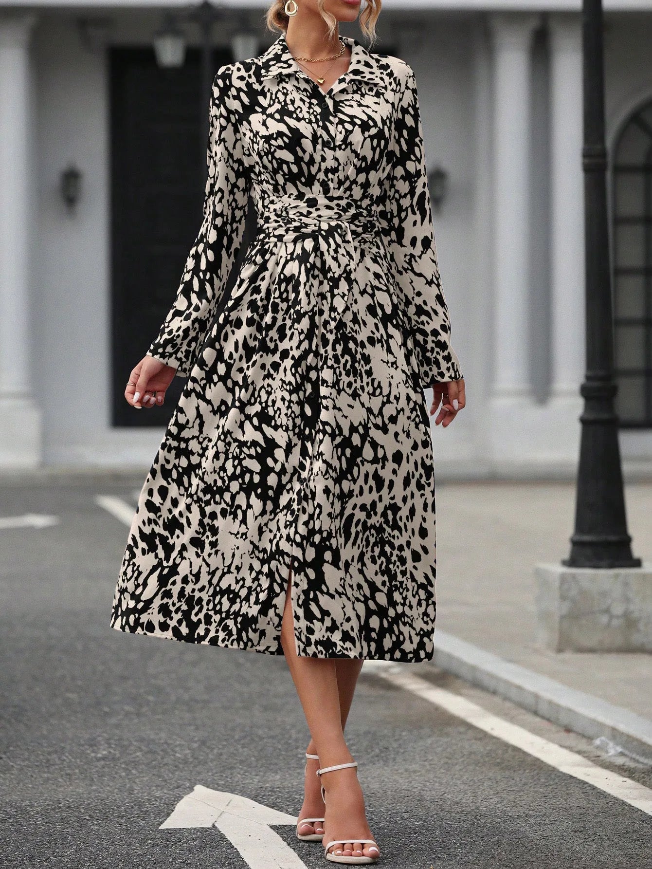 Elegant belted midi shirt dress, long sleeve, office casual