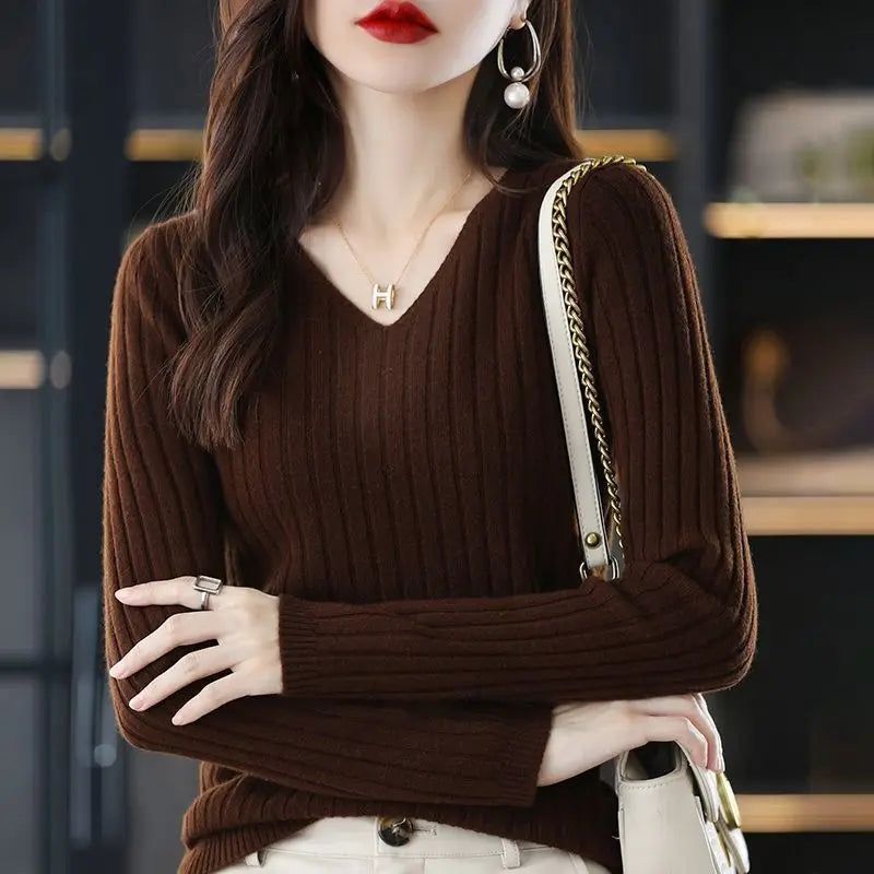 Women V-Neck Knitted Sweater Long Sleeve Top