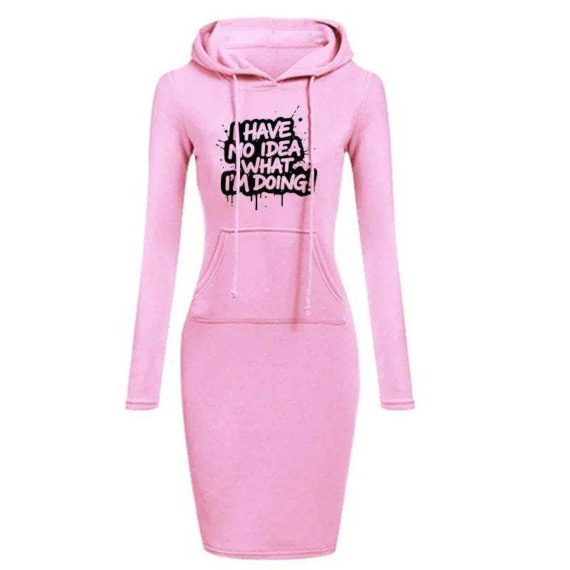 Women's Hooded Dress Long Sleeve Drawstring Text Print