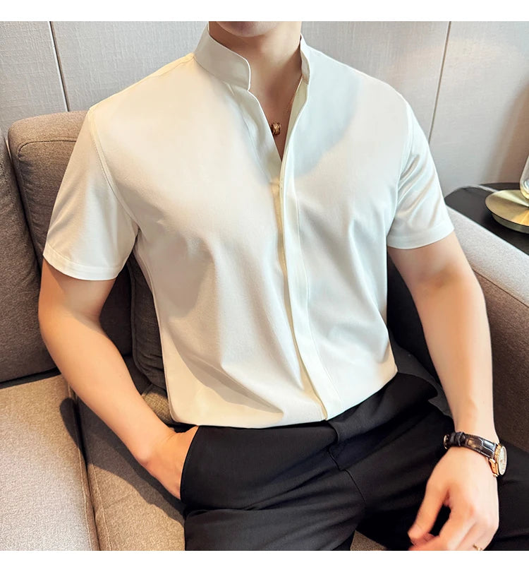 Men’s stand collar V-neck stretch shirt white fashion
