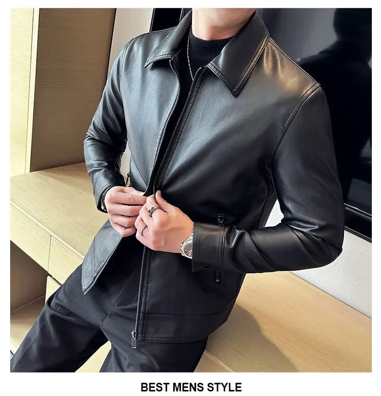 Men Bomber PU Leather Jacket – Slim Fit Casual Motorcycle Coat 2024