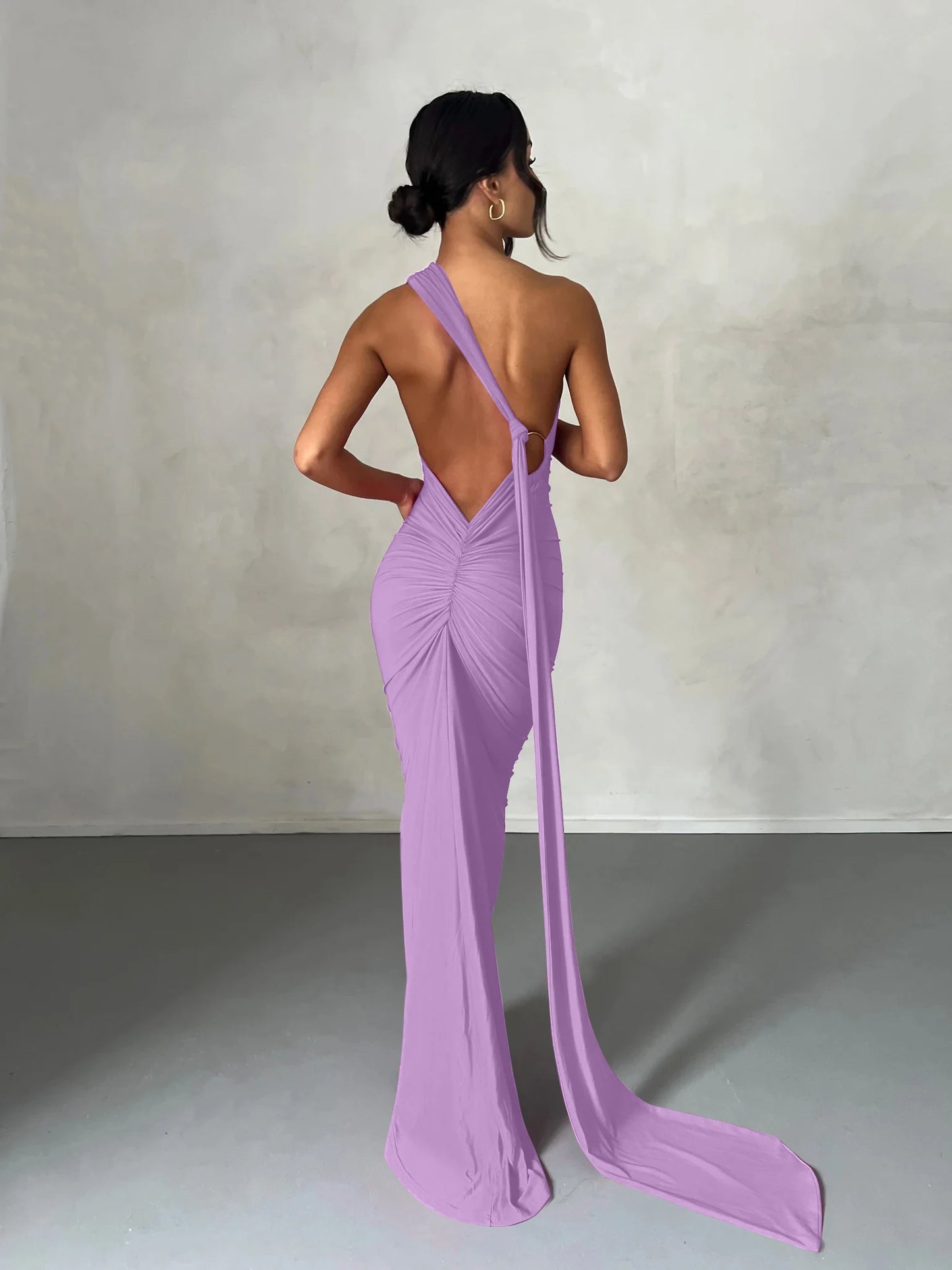 Hugcitar One Shoulder Backless Ruched Maxi Dress Women Y2K