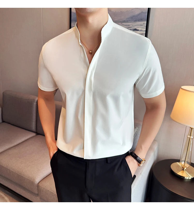 Men’s stand collar V-neck stretch shirt white fashion