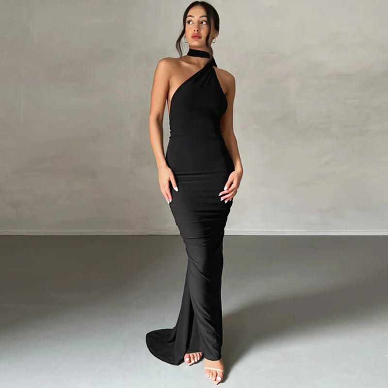 Hugcitar One Shoulder Backless Ruched Maxi Dress Women Y2K