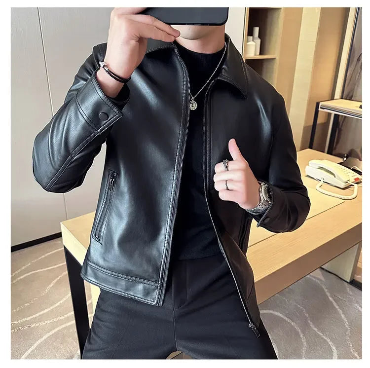 Men Bomber PU Leather Jacket – Slim Fit Casual Motorcycle Coat 2024