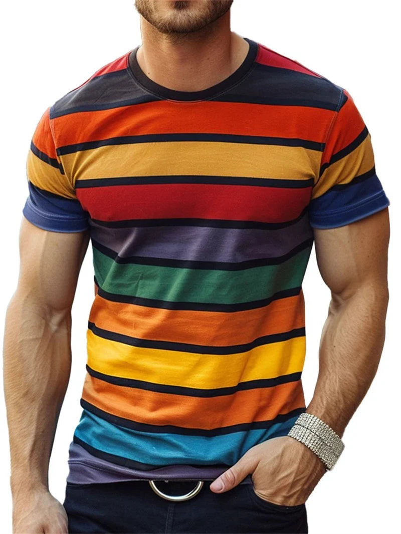 Men's Stripe Graphic Summer Tee – Casual 3D T-Shirt