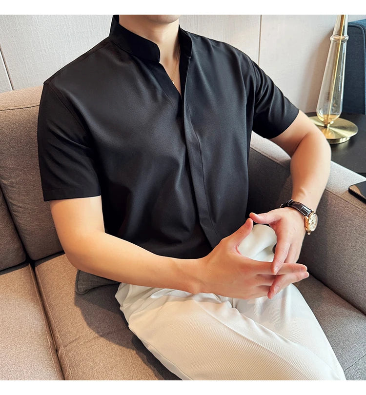 Men’s stand collar V-neck stretch shirt white fashion