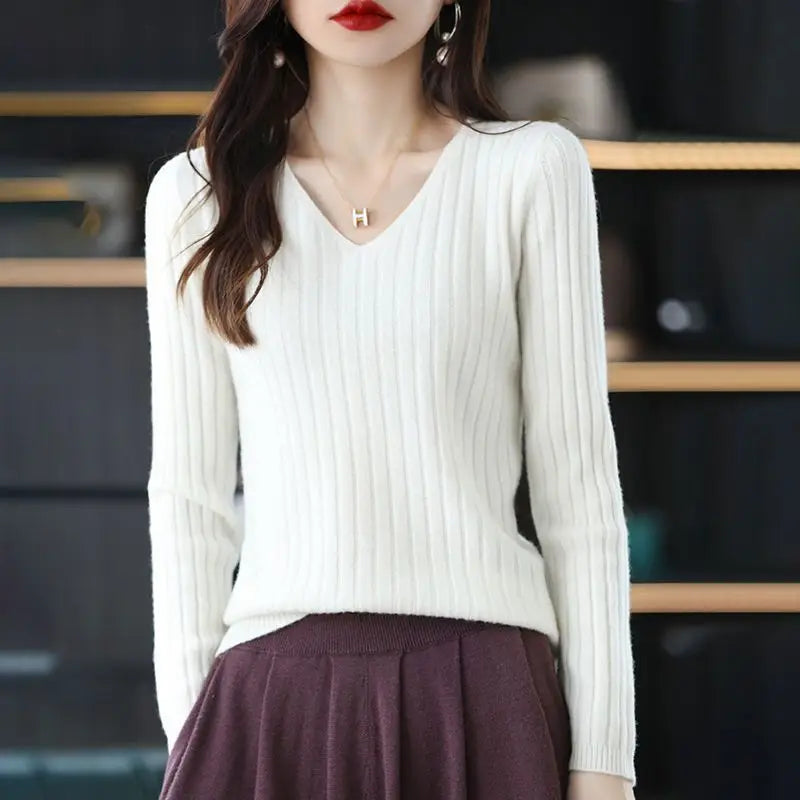 Women V-Neck Knitted Sweater Long Sleeve Top