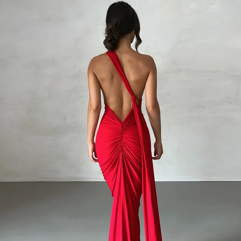 Hugcitar One Shoulder Backless Ruched Maxi Dress Women Y2K