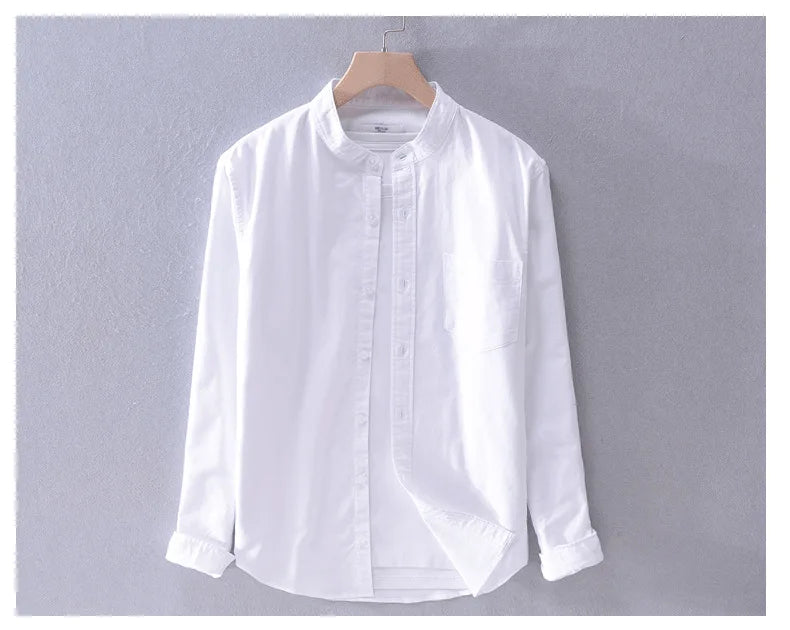 Men’s cotton Oxford shirt, stand collar, casual, comfortable white
