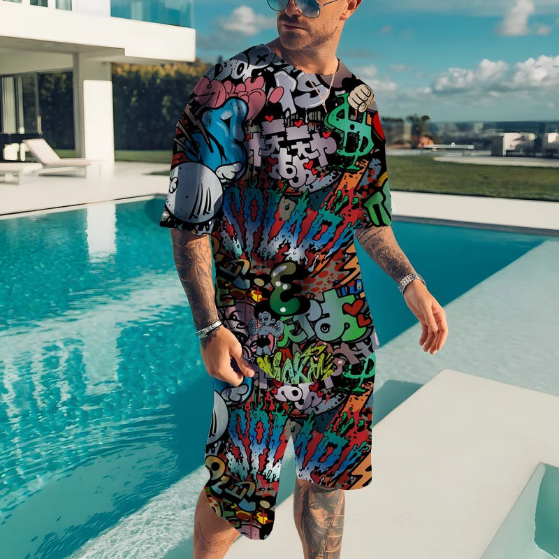 Men’s 2-Piece Summer Casual Set – 3D Print T-Shirt & Shorts