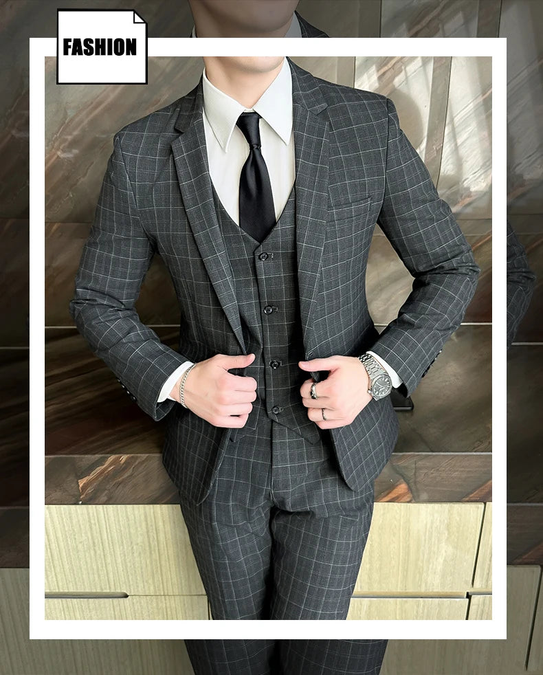 Men’s Plaid 3-Piece Suit Business Wedding Elegant Fashion Set