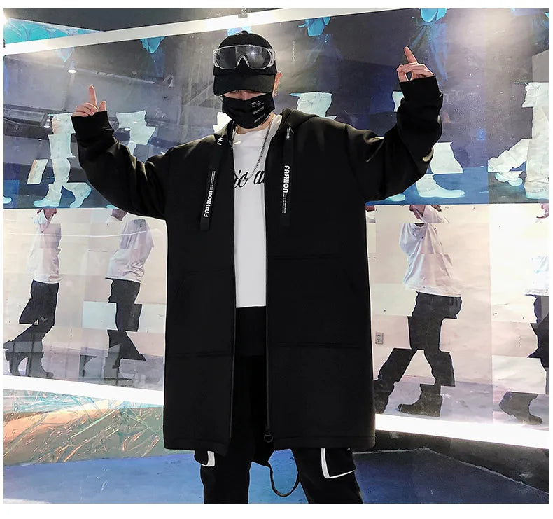 Men 5XL Hooded Long Jacket, Black & White, Hip Hop Streetwear