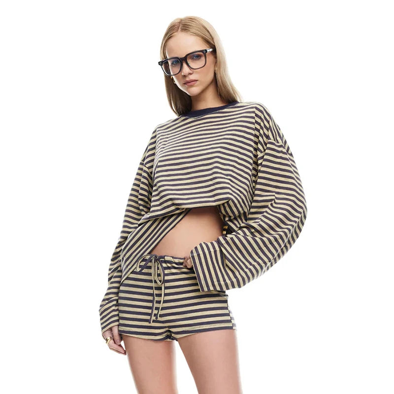CUTENOVA Women’s Fall Stripe Sweatshirt & Shorts Set