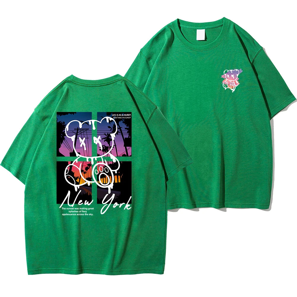 New York Art Cartoon Bear Sunset Cotton T-Shirt
