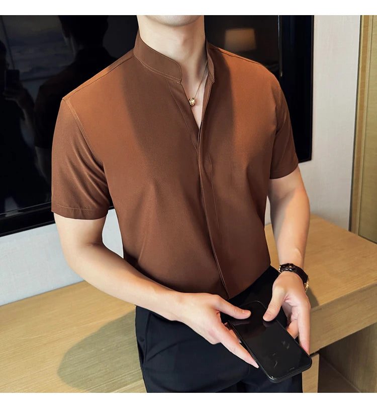 Men’s stand collar V-neck stretch shirt white fashion