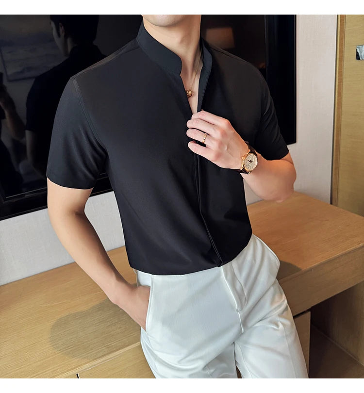 Men’s stand collar V-neck stretch shirt white fashion
