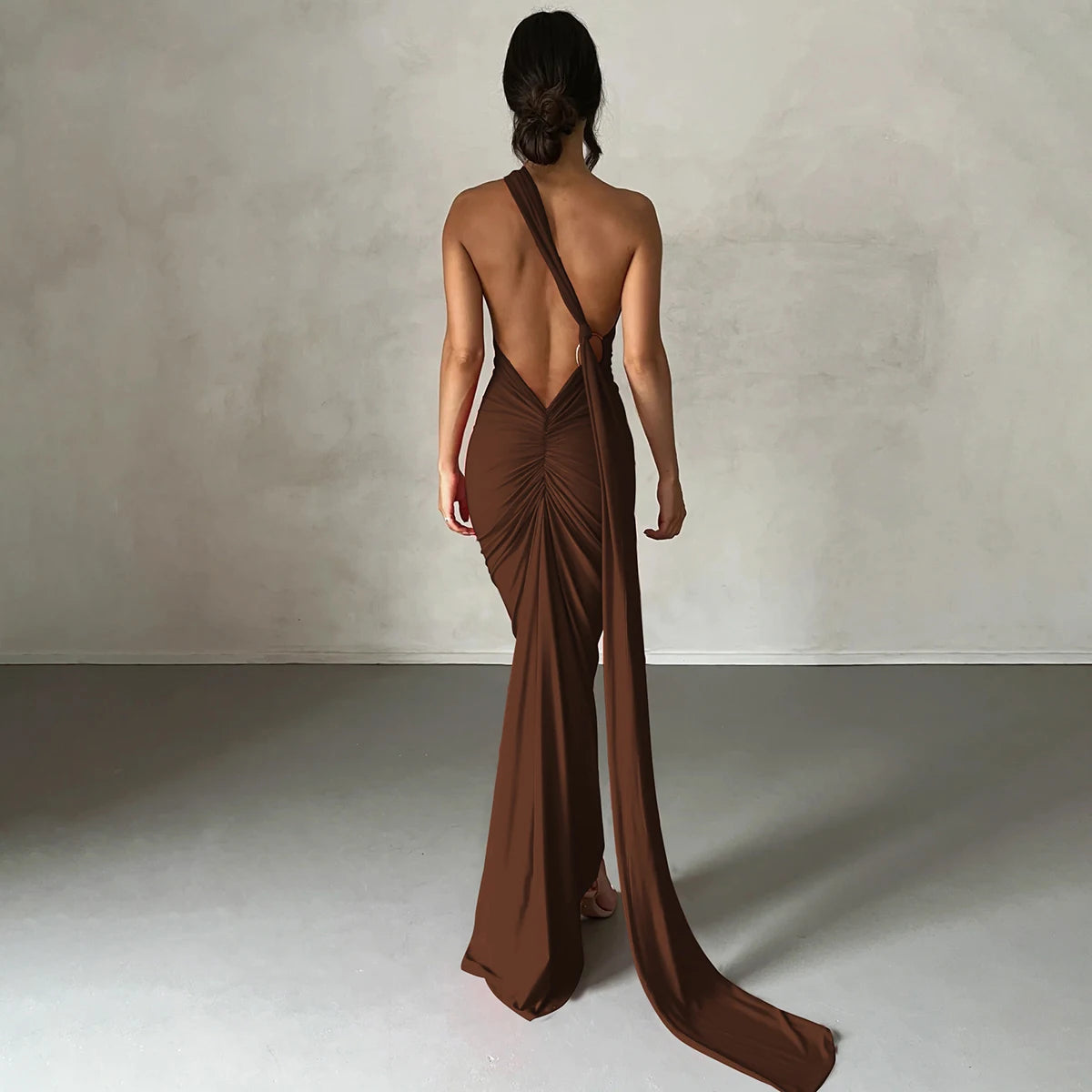 Hugcitar One Shoulder Backless Ruched Maxi Dress Women Y2K