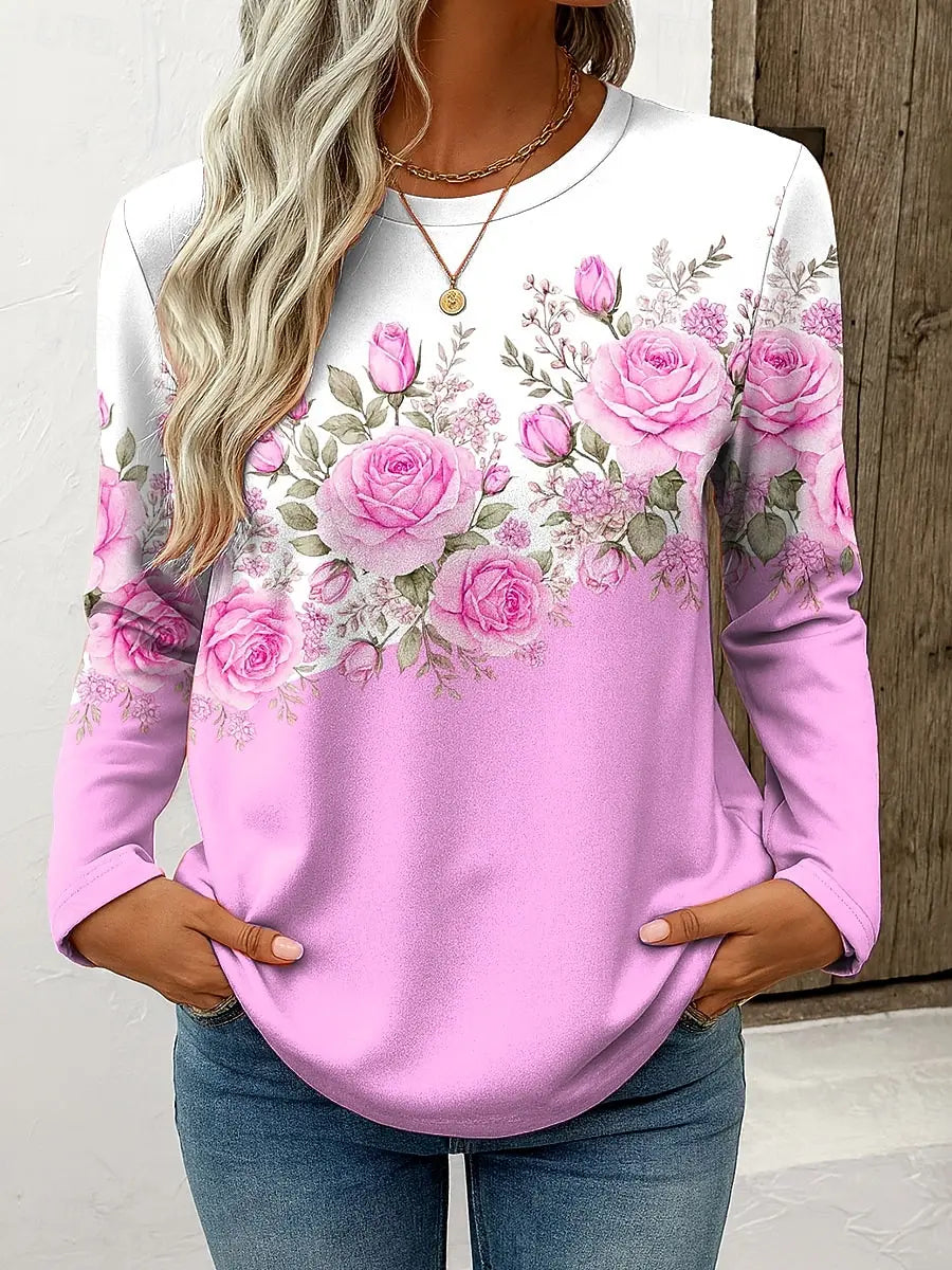 Women's Casual Floral Long Sleeve O-neck Top