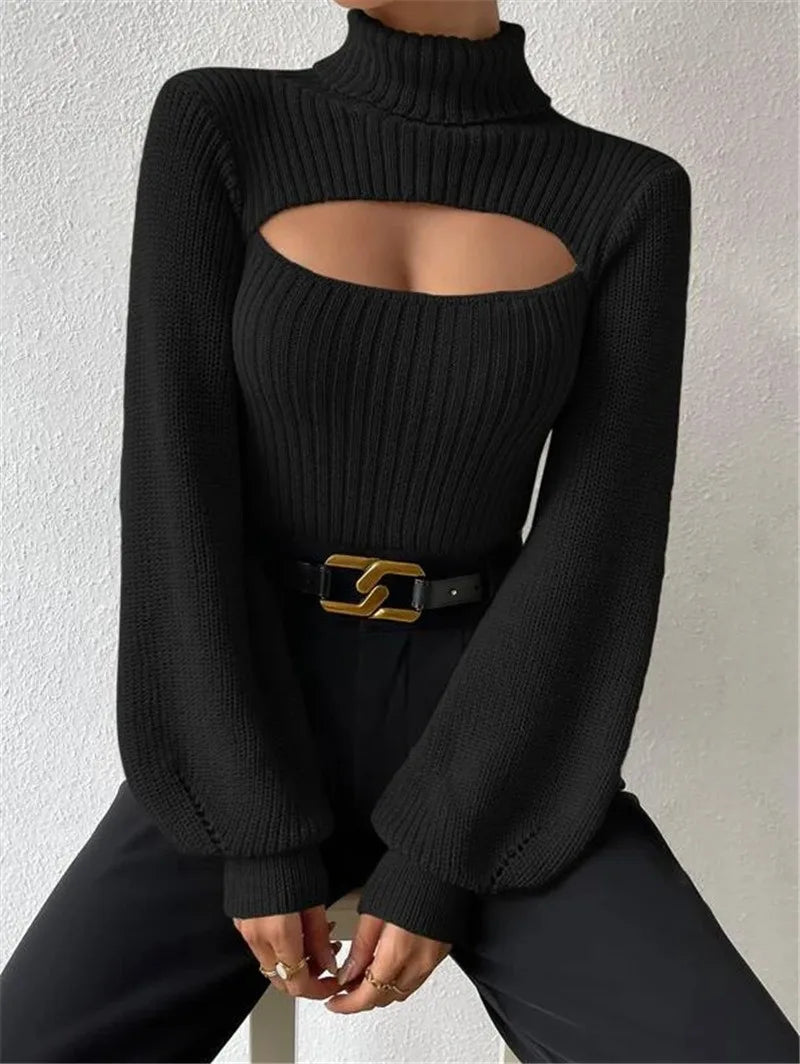Sexy loose sweater with high neck and hollow design