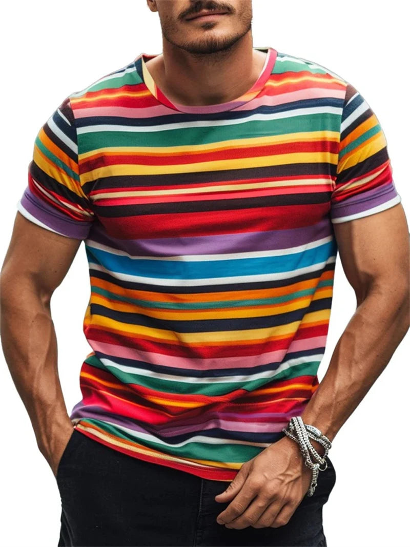 Men's Stripe Graphic Summer Tee – Casual 3D T-Shirt