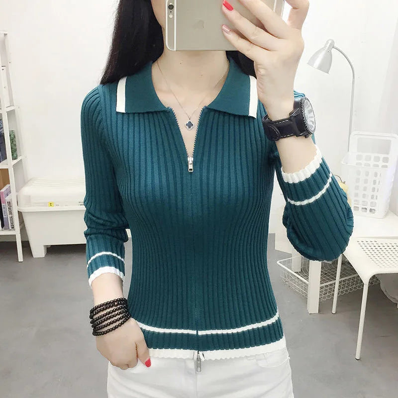 Autumn Spring Women Knitted Pullover Sweater Casual V-Neck Zipper Top