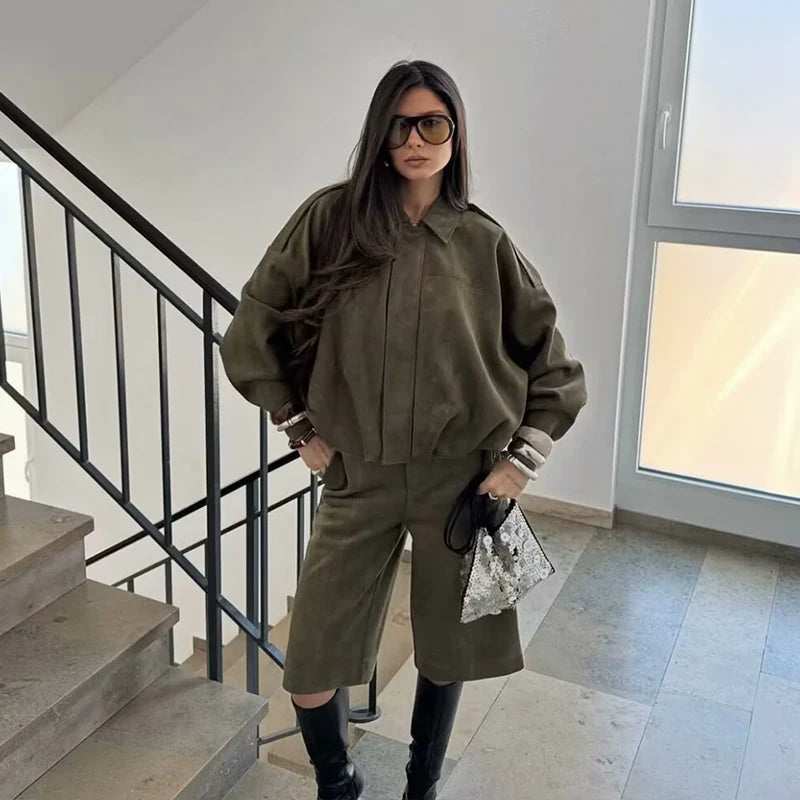 Women Two-Piece: High-Waist Shorts & Loose Jacket