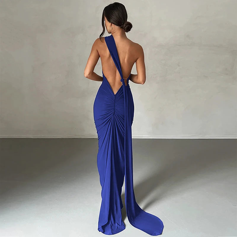 Hugcitar One Shoulder Backless Ruched Maxi Dress Women Y2K