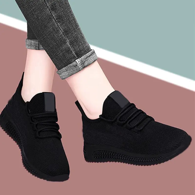 Women's Black Sneakers, Casual Platform Shoes, Breathable Running Shoes