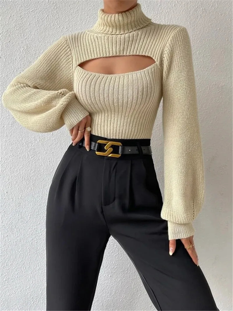 Sexy loose sweater with high neck and hollow design