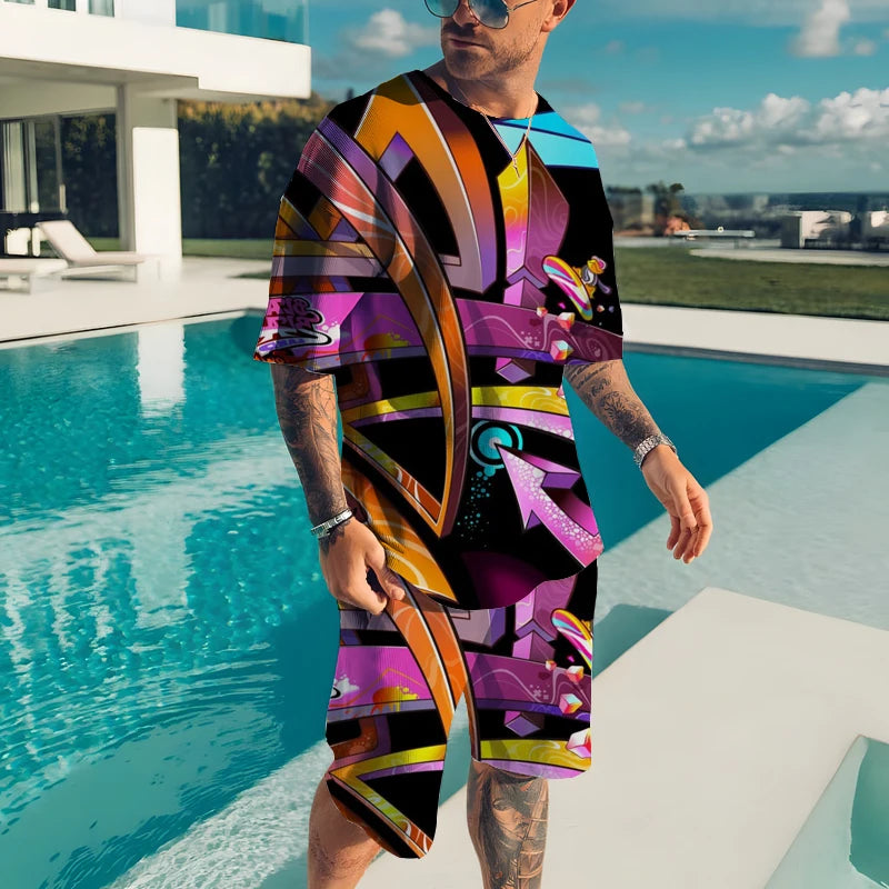 Men’s 2-Piece Summer Casual Set – 3D Print T-Shirt & Shorts
