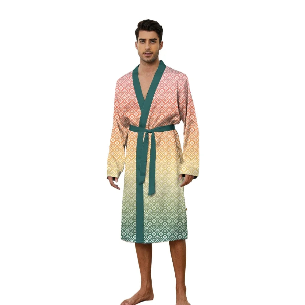 Men's Digital Print Long Sleeve Bathrobe – Quick Dry, Skin-Friendly