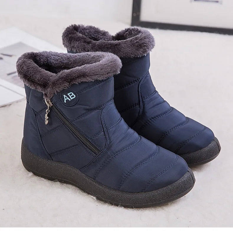 Stylish women's ankle boots with fur, low heels, waterproof winter shoes