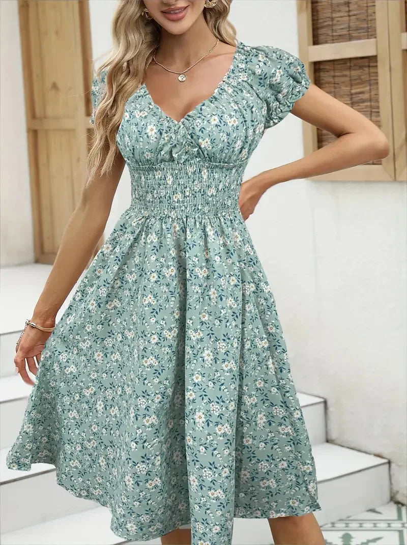 Women's Summer Floral Dress – Fluffy Cuffs & Pleated Waist