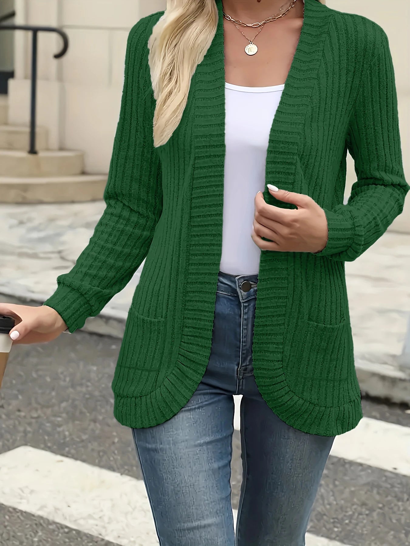 New fashion women's solid color casual pit stripe brushed cardigan jacket