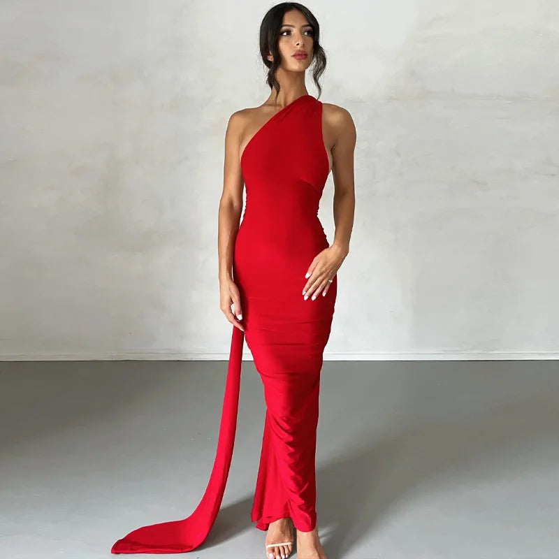 Hugcitar One Shoulder Backless Ruched Maxi Dress Women Y2K