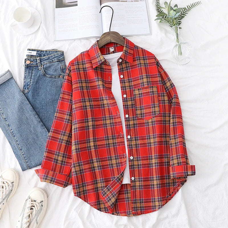 Women's plaid flannel shirt, loose fit, spring casual style