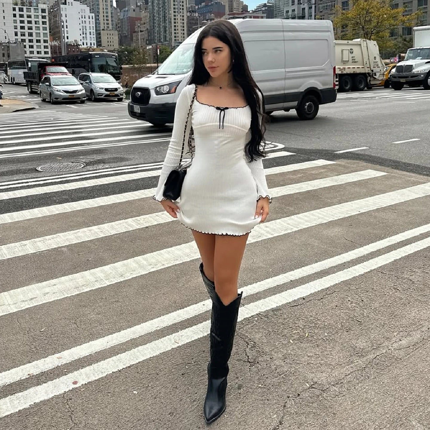 Dulzura Women’s Autumn Mini Dress – O-Neck, Long Sleeve, Ruffle Patchwork