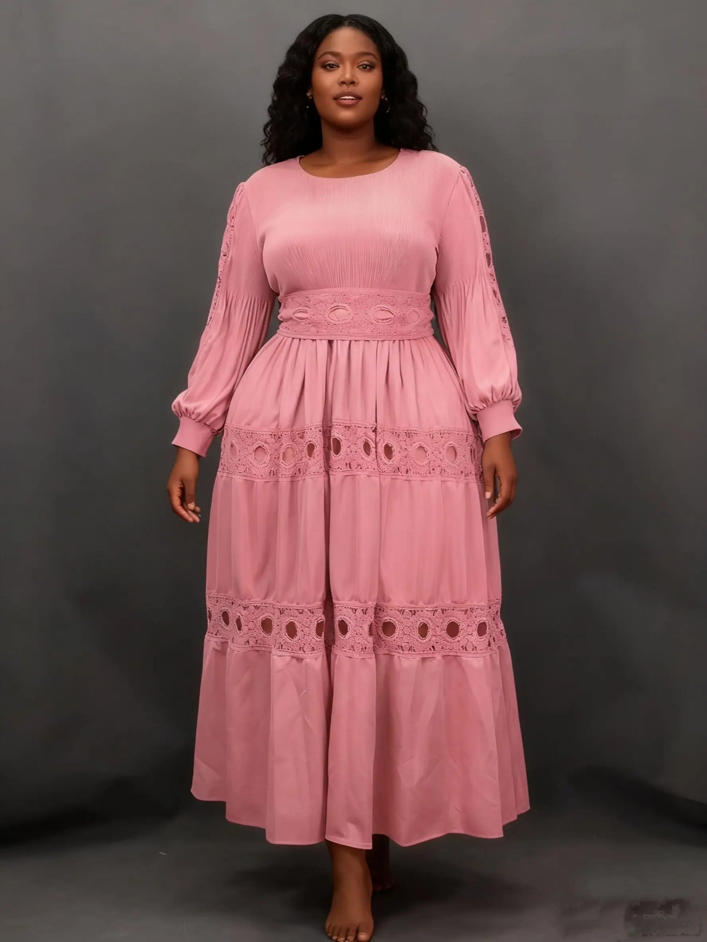 Elegant pleated plus-size dress, lace, belt, stretchy, chic