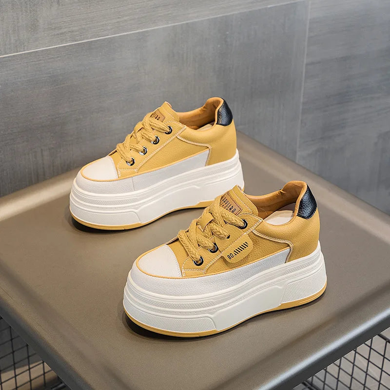 Fujin 9cm cow suede leather women platform wedge shoes, casual summer heels