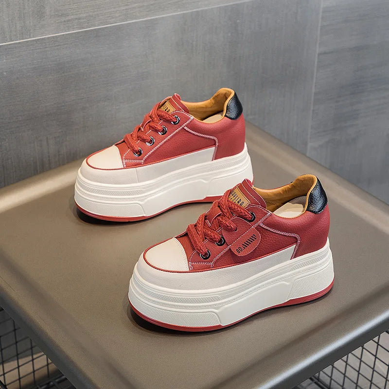 Fujin 9cm cow suede leather women platform wedge shoes, casual summer heels