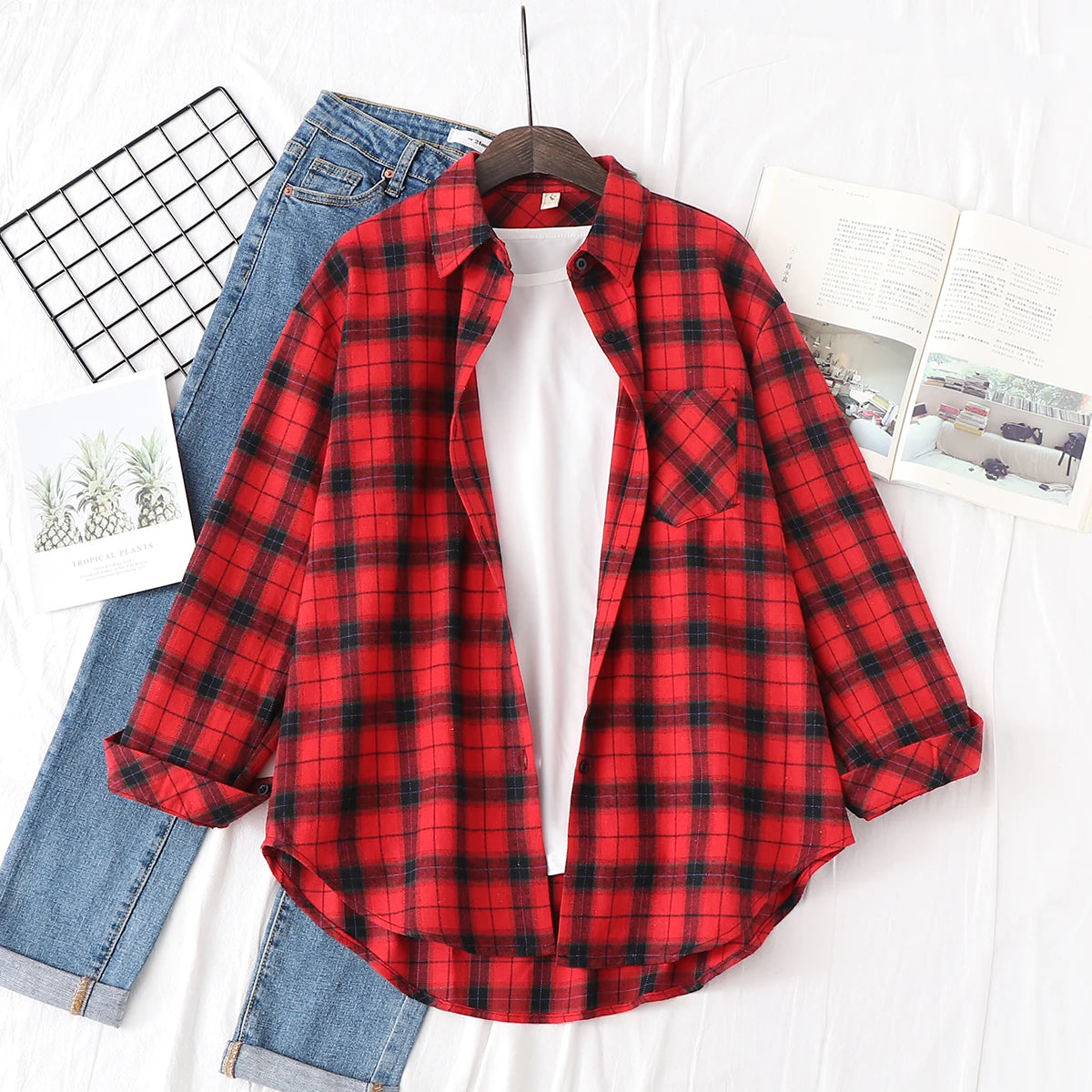 Women's plaid flannel shirt, loose fit, spring casual style
