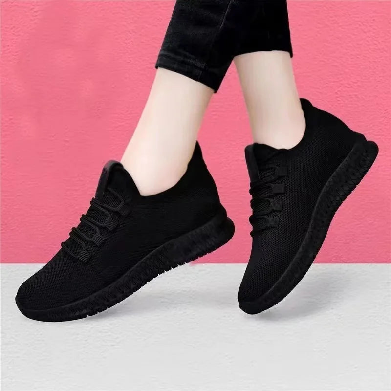 Women's Black Sneakers, Casual Platform Shoes, Breathable Running Shoes