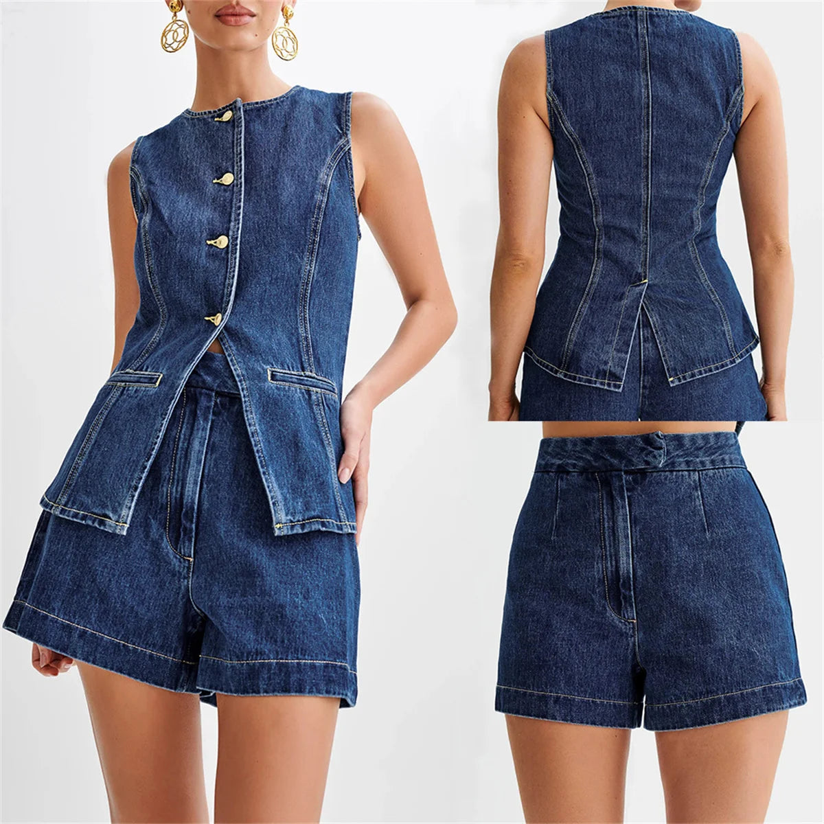 Women's Summer Denim Shorts Set Sleeveless Top & High Waist Shorts